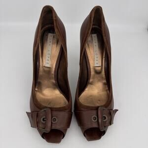 Pura Lopez Womens Leather Buckle Heel‎ Shoes Size US 9 Brown Open Toe Y2K Office